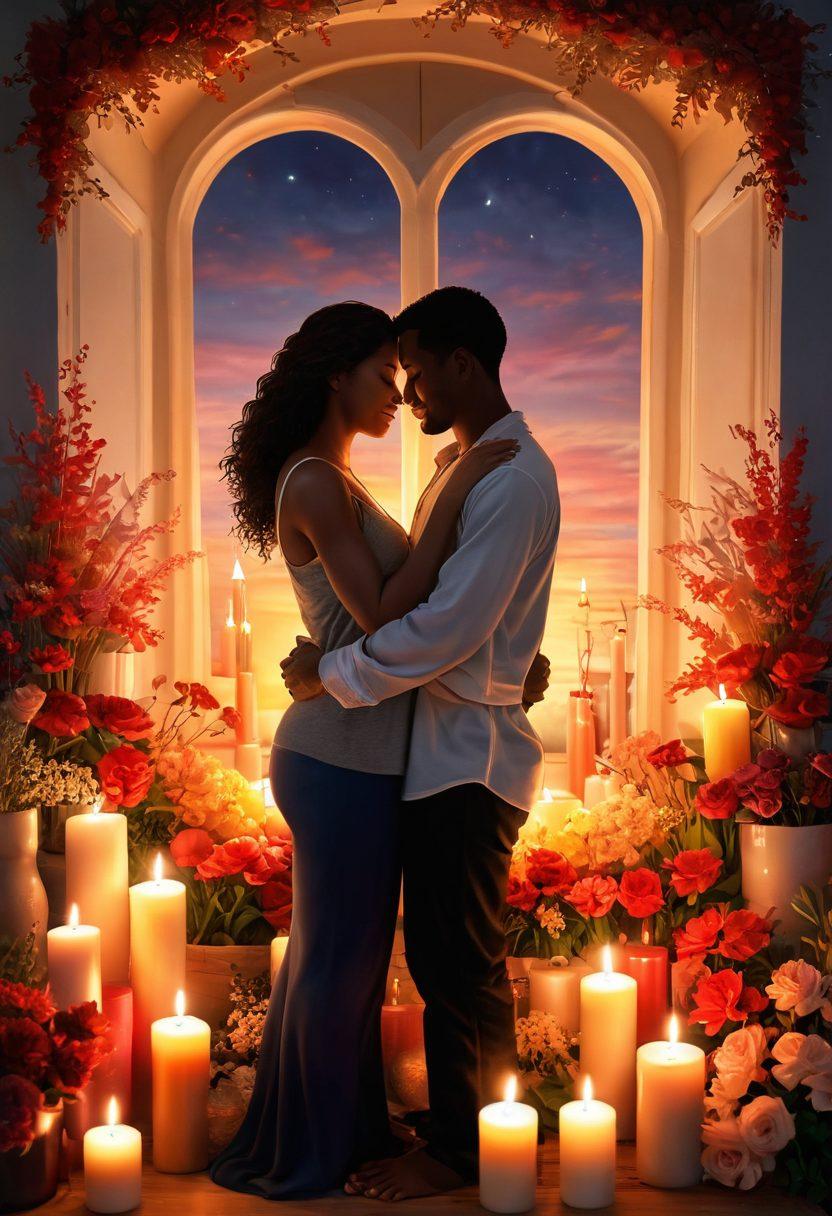 A diverse couple embracing each other in a cozy and warm environment, surrounded by soft candles and flowers, symbolizing intimacy and connection. Incorporate subtle symbols of empowerment such as a rising sun in the background and artistic representations of hearts and lifelines. Use soft, inviting colors to evoke feelings of warmth and passion. super-realistic. vibrant colors. cozy ambiance.