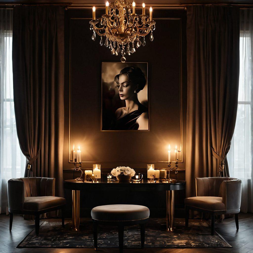A luxurious, dimly lit room with plush velvet curtains and soft, ambient lighting. Elegant silhouettes of abstract art evoke sensuality, while candles flicker gently on a stylish table adorned with tasteful adult-themed items. A hint of mystery is captured by the inviting atmosphere, suggesting secrets waiting to be discovered. Elegant typography in the corner reads 'Sensual Secrets Unveiled'. super-realistic. warm tones. intimate ambiance.