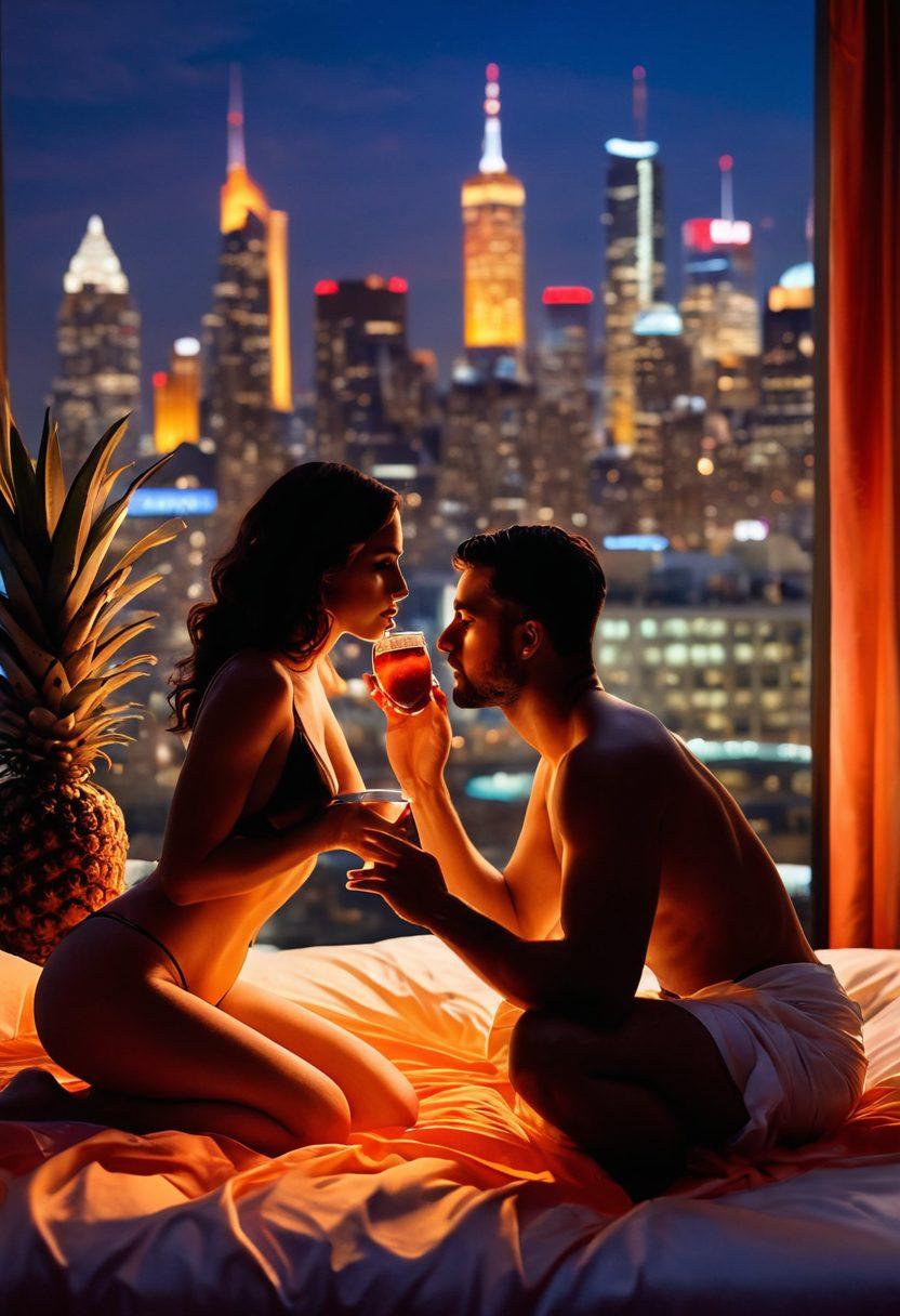 A captivating scene of a couple playfully exploring sensual activities in a vibrant, intimate setting, surrounded by soft lighting and rich textures. Include hints of playful elements like silk sheets, exotic fruits, and subtle intimacies that invite curiosity. The background features a silhouette of a city skyline, representing the 'Naughty America' theme. The overall mood is both seductive and adventurous, enticing readers to explore further. 3D. vibrant colors. soft focus.